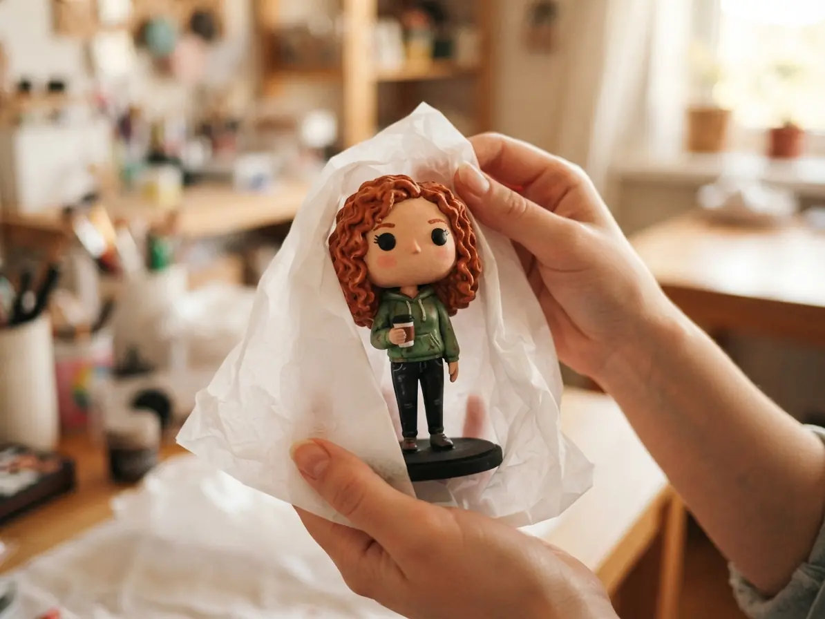 Готову розписану фігурку в стилі Funko Pop загортають перед відправкою