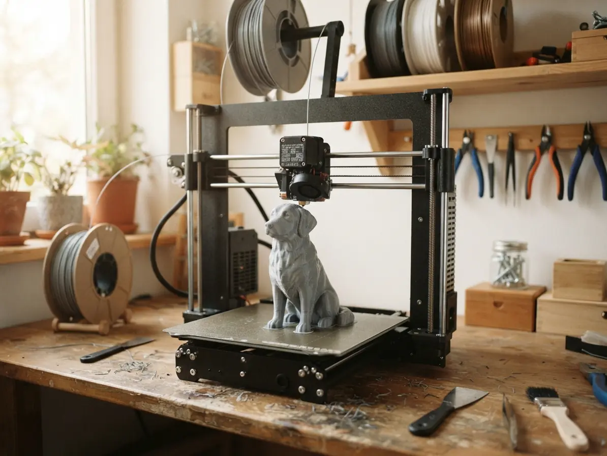Фігурка собаки друкується з пластику на 3D-принтері