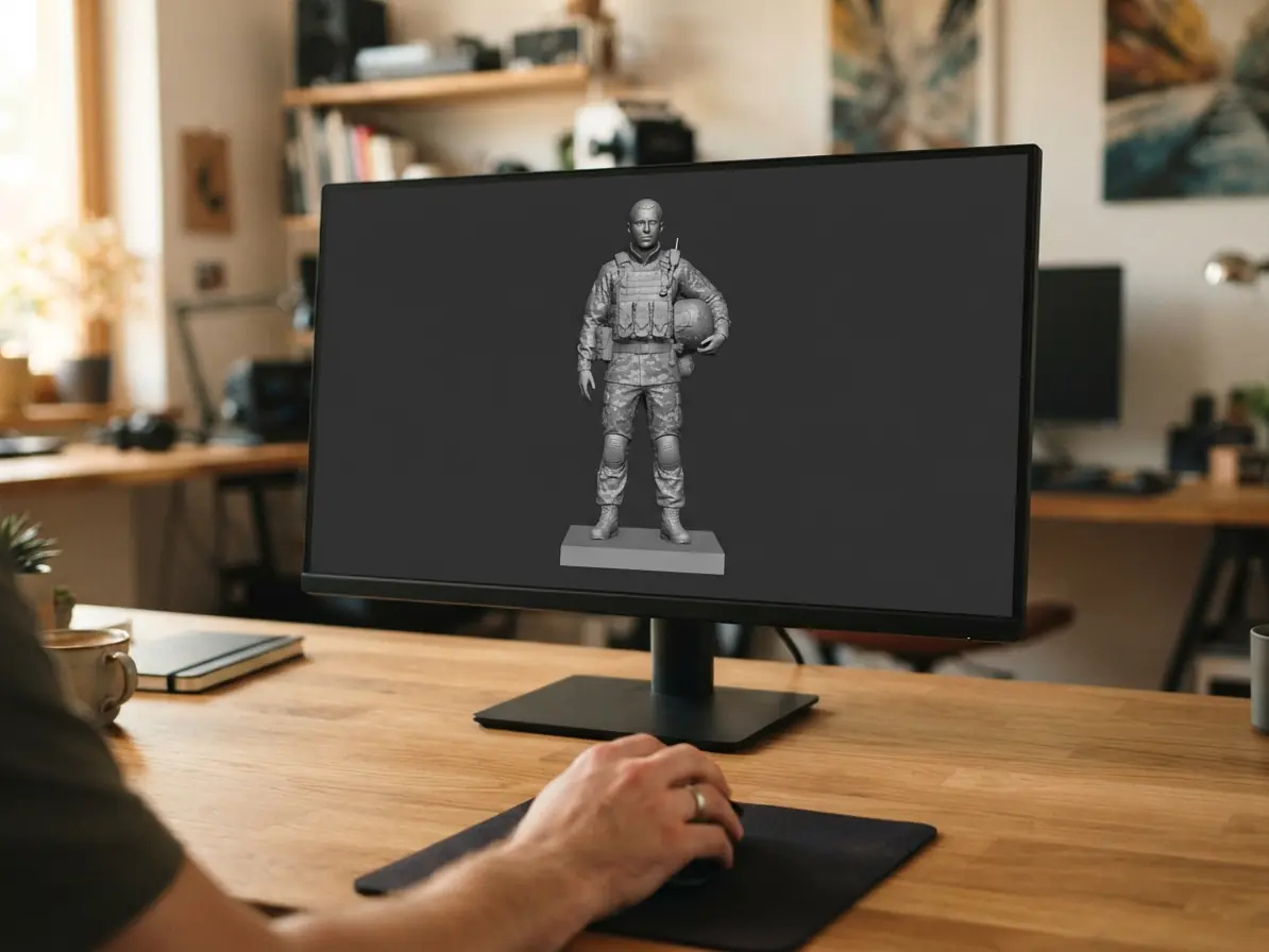 3D-модель фігурки військового на моніторі перед погодженням