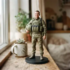 Фігурка молодого військового з шоломом під пахвою